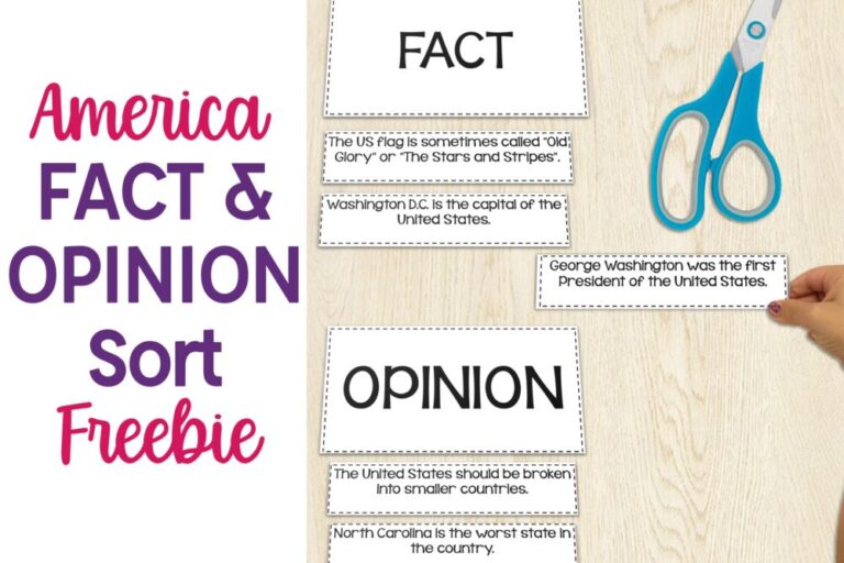 America Fact and Opinion Sort Freebie text with sort images, child's hand, and scissors