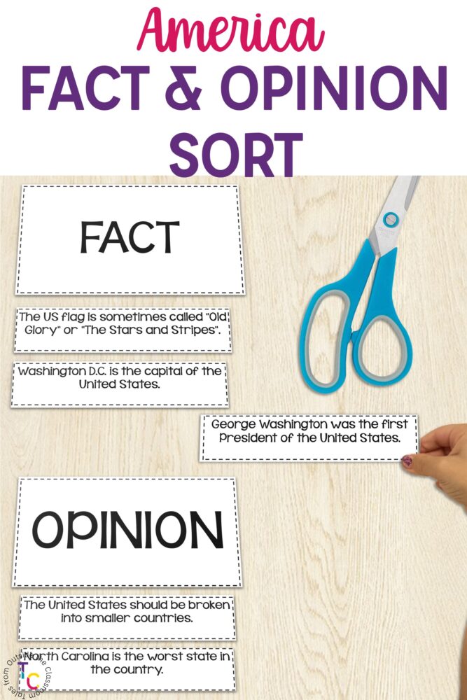 America Fact & Opinion sort Freebie text with sort cards, scissors, and child's hands.