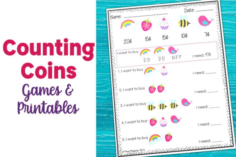 Counting Coins Games and Printables and image of colorful printable