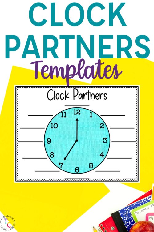 "Clock partners templates" text with clock partners printable placed on colored paper with school supplies on side
