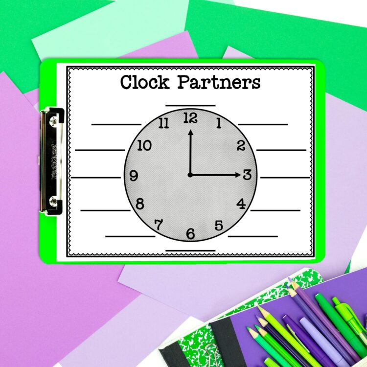 clock partner printable on clipboard with green and purple background