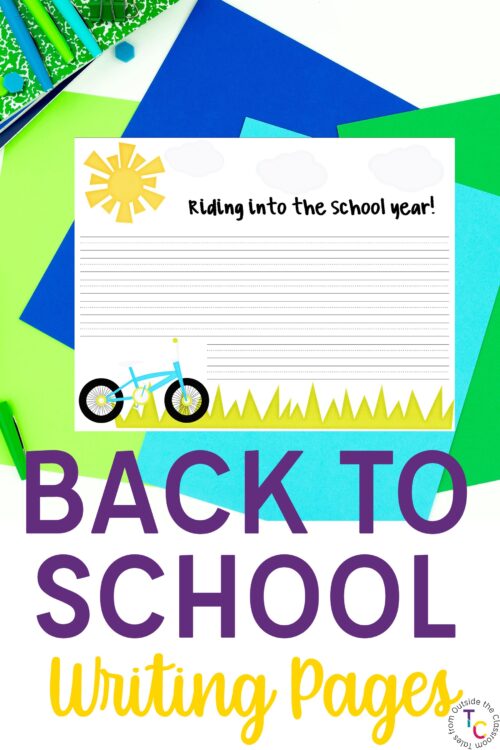 Back to School writing pages with printed page placed on colored paper near school supplies