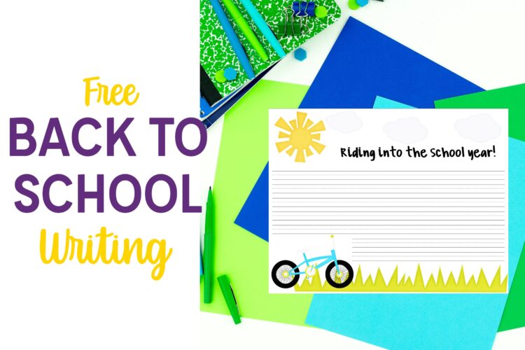 "Free Back to School writing" text with printable page placed on colorful paper background