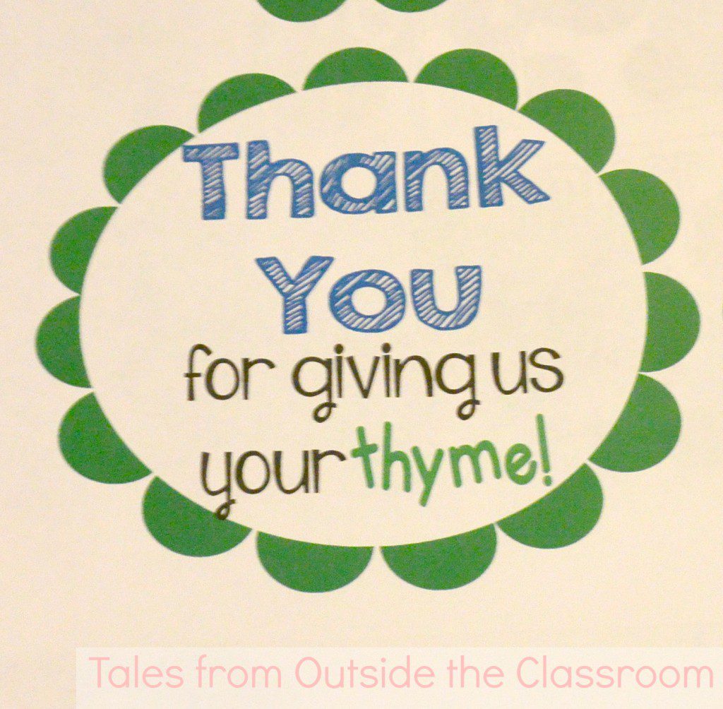 Tag for using thyme as a thank you gift for parent volunteers.