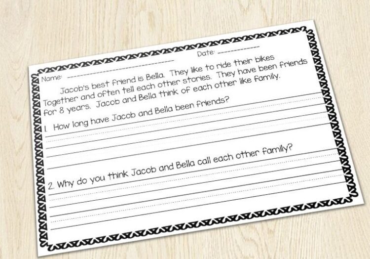 Half page fiction comprehension text with 2 open ended questions for 1st grade