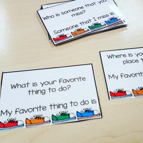 Question cards to practice restating the question in the answer.