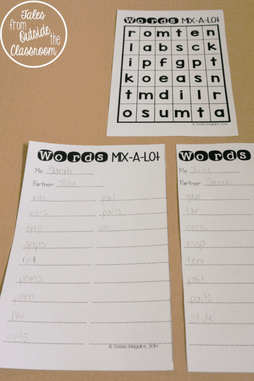 Words a Lot- Partner Word Work Game