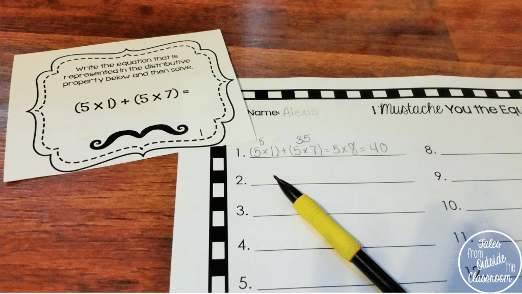 Practice the distributive property with cute mustache themed task cards.
