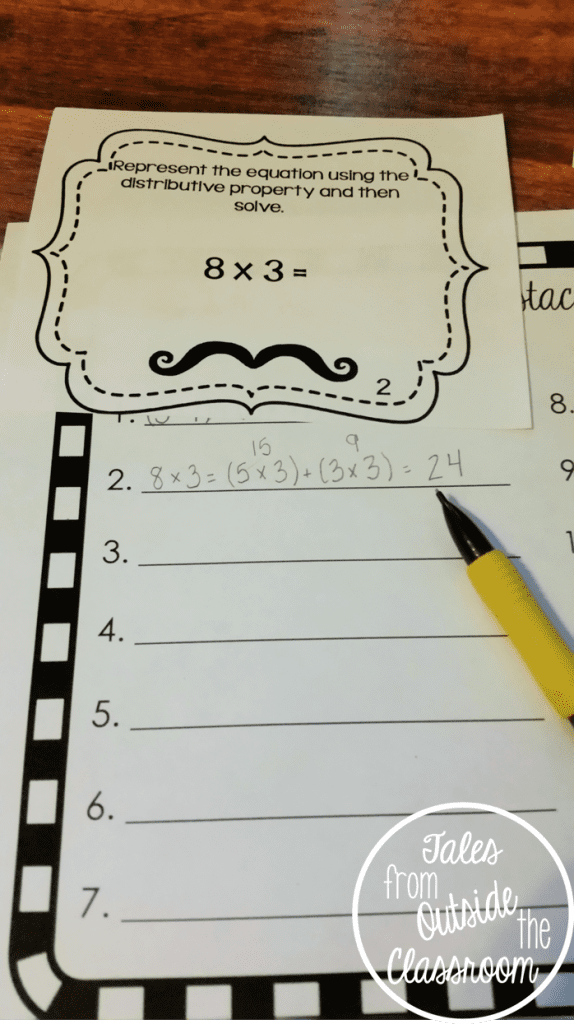 Practice using the distributive property of multiplication with these mustache themed task cards.