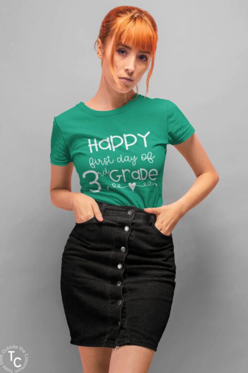 Green Happy First Day of 3rd Grade tee on model