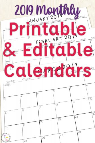 Printable & Editable Monthly Calendars for 2019