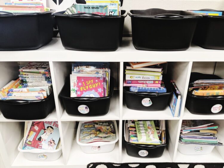 Classroom library bookshelves and book bins