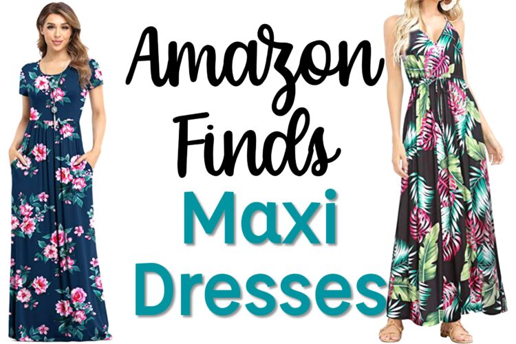 Amazon finds maxi dresses text in the middle between two dark colored, floral maxi dresses