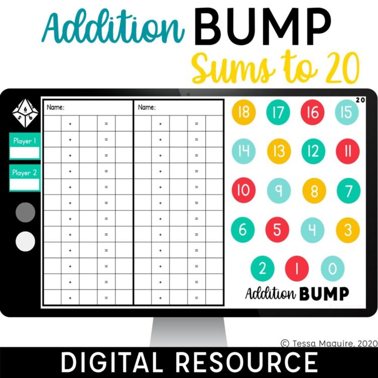 Addition Bump Game Sums to 20 text on computer monitor screen