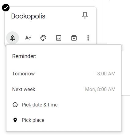 Google Keep Reminder menu options
