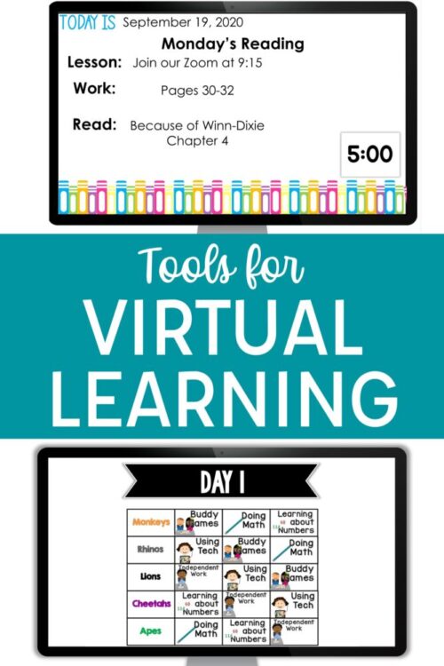 Tools for Virtual Learning with daily agenda slide, timer, and small group rotations