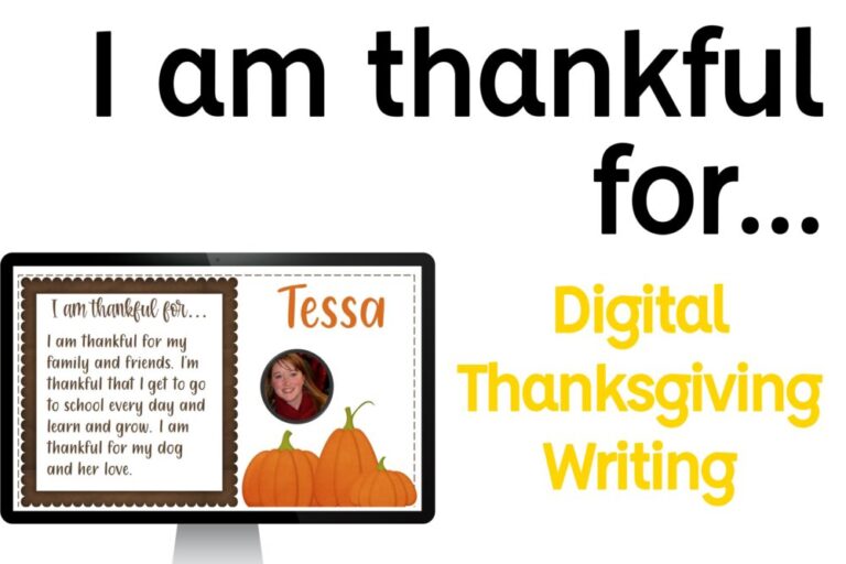 I am thankful for... Thanksgiving writing activity and computer screen