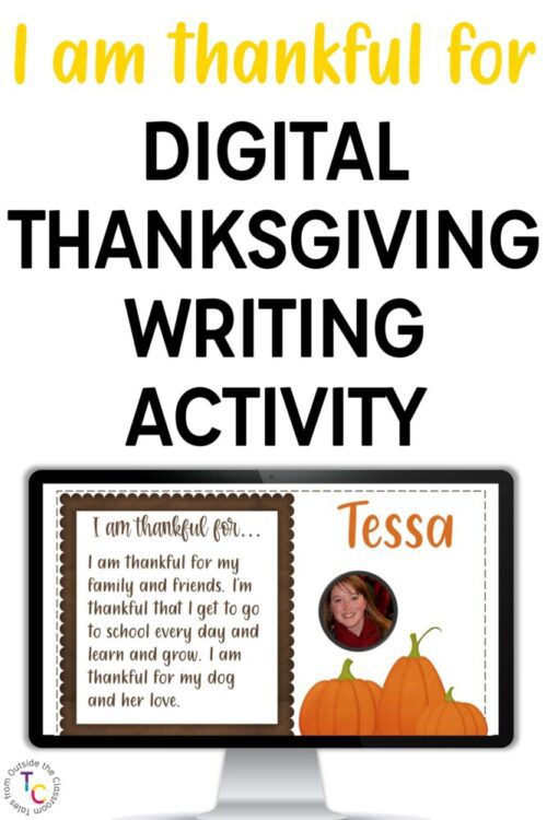 I am thankful for digital writing activity text and computer monitor with picture of writing assignment