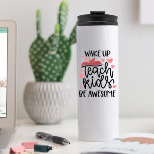 white 16 oz travel coffee mug with wake up teach kids be awesome print