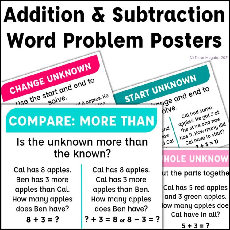 Addition & Subtraction Word Problem Posters image with 4 posters displayed