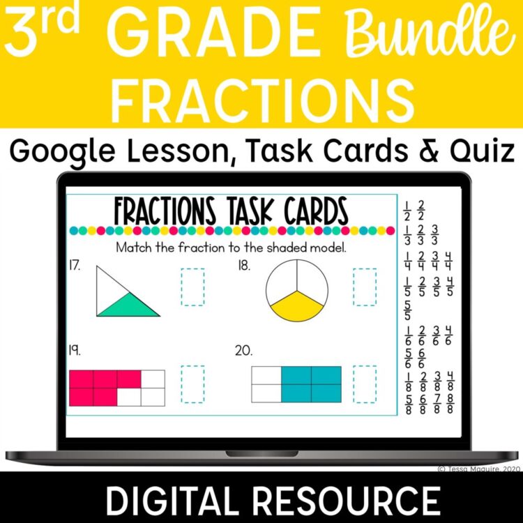3rd Grade Fractions Bundle Google Slides lesson, task cards, and Google Forms quiz