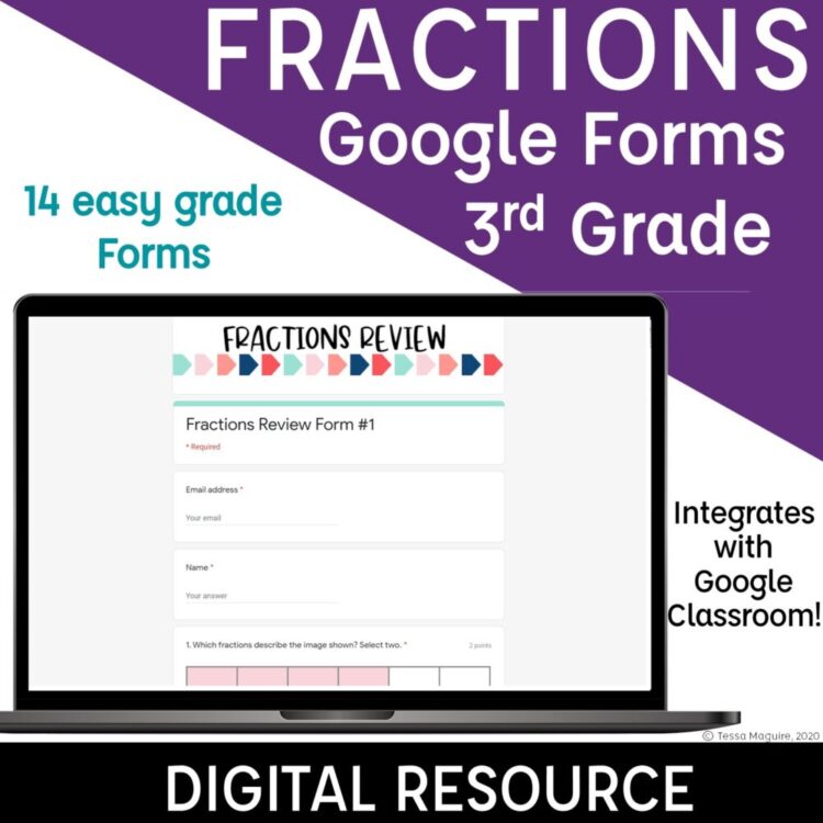3rd Grade Fractions Assessments in Google Forms 14 easy grade forms text with Fractions Review Form on an open laptop