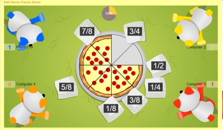 Pizzas Pandas game from Arcademics.com with a portion of a pizza displayed with various simple fractions to choose from during the game.
