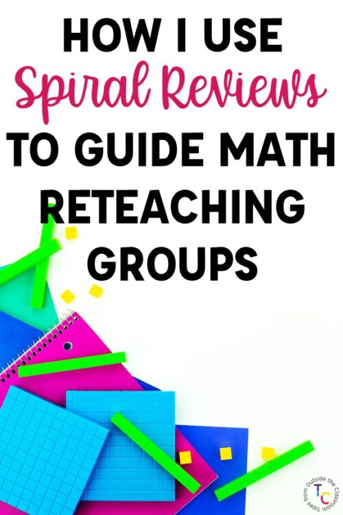How I use Spiral reviews to guide math reteaching groups text with spiral notebooks and colored base ten blocks around the text