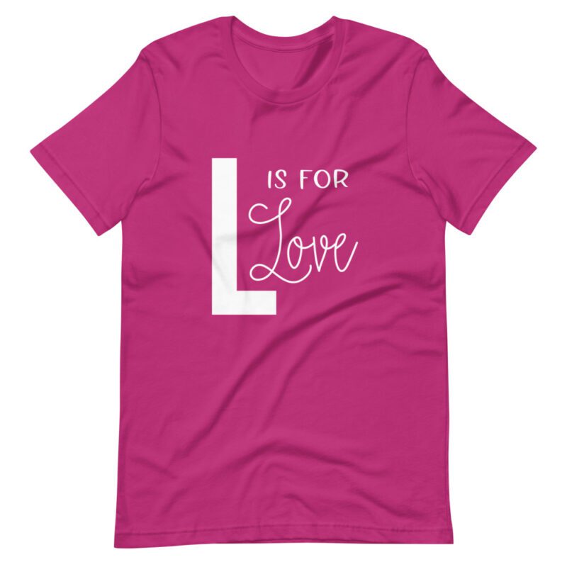 L is for Love text on berry pink t-shirt