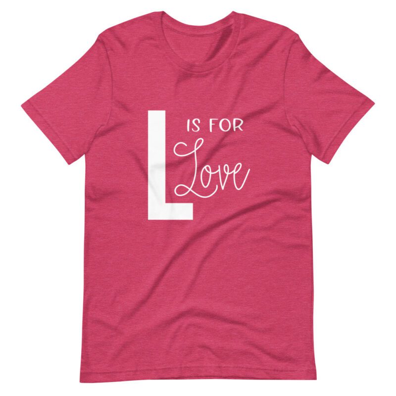 L is for Love text on heather berry t-shirt
