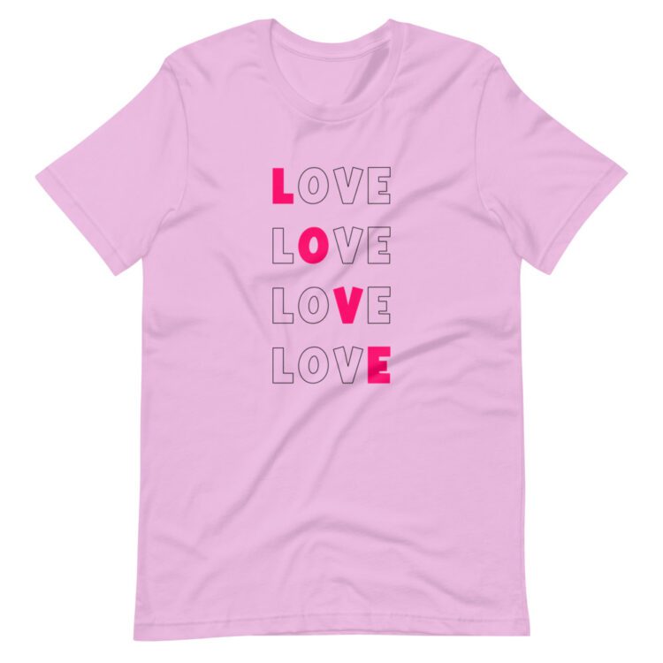 Love text repeated in pink design on lilac t-shirt