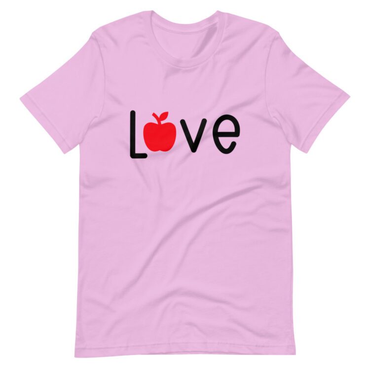 Love text with apple on lilac t-shirt