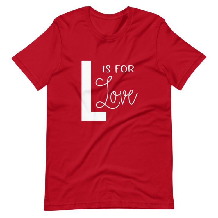 L is for Love text on Red tee