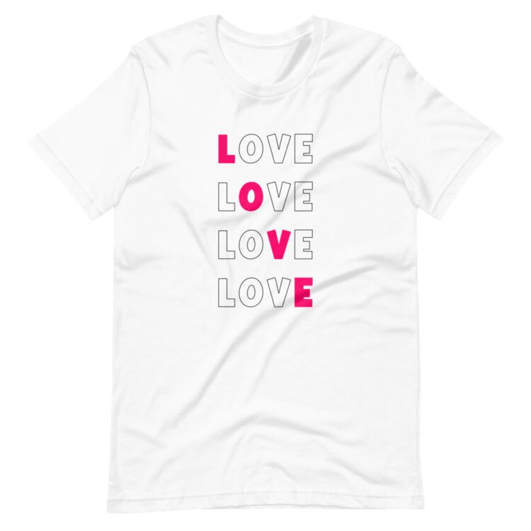 Love pink repeated design on white tee