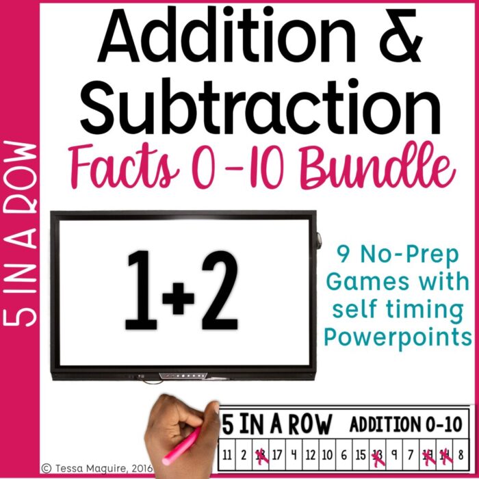 Addition & Subtraction Facts 0-10 5 in a Row Bundle with classroom tv screen and printed gameboard