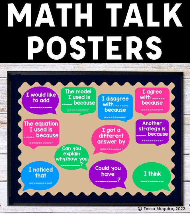 math talk posters with colorful dialogue boxes with sentence stems on bulletin board display