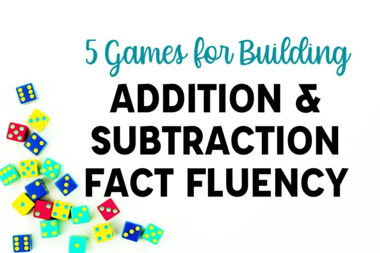 5 Games for Building Addition and Subtraction Fact Fluency text with image of dice