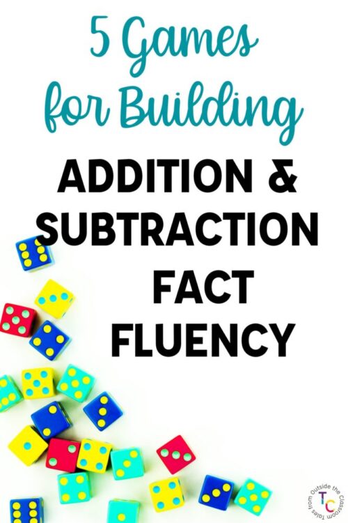 Dice in lower left corner with text: 5 Games for Building Addition & Subtraction Fact Fluency