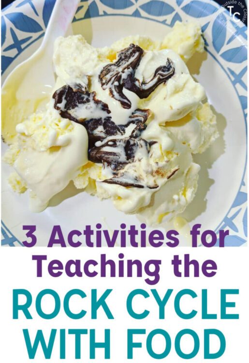 3 Activities for Teaching the Rock Cycle with Food text and ice cream in bowl with magic shell topping image