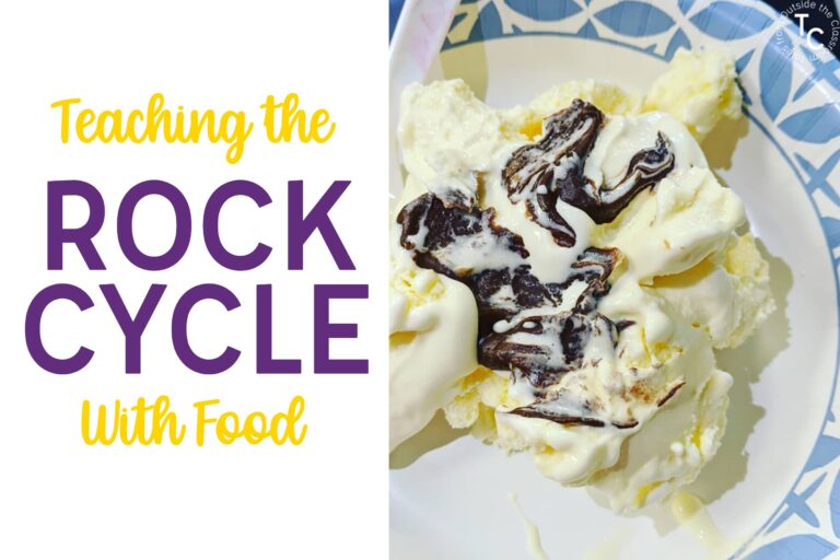 Teaching the Rock Cycle with Food text with ice cream and magic shell picture