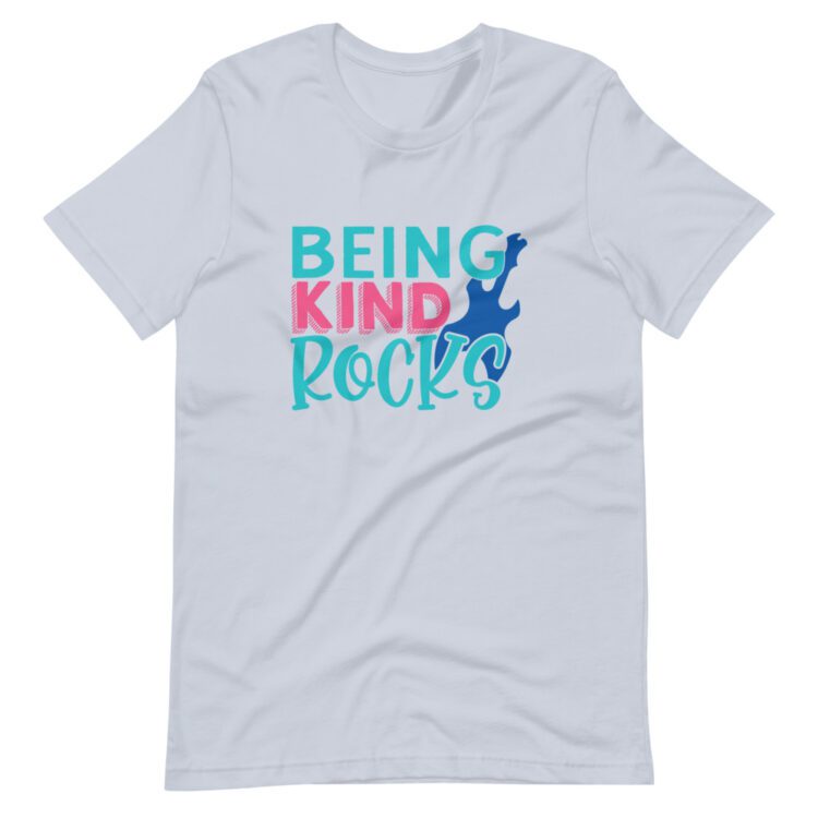 Being Kind Rocks text on light blue t-shirt