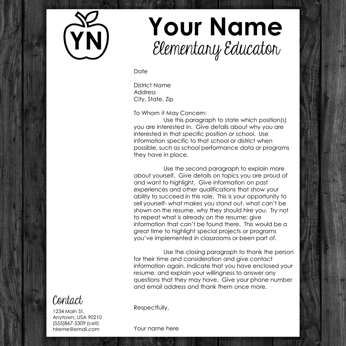 Teacher resume cover letter template on gray tabletop with sample name and text