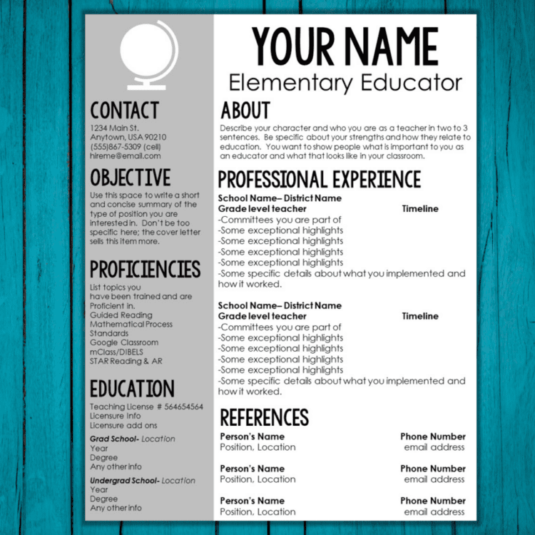 One page resume template with gray color accent and globe image on a blue wood background