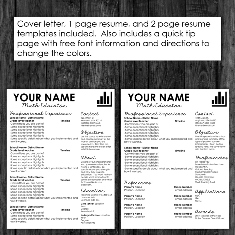 Two [age editable resume template with math icons on right side laying on a dark wood surface