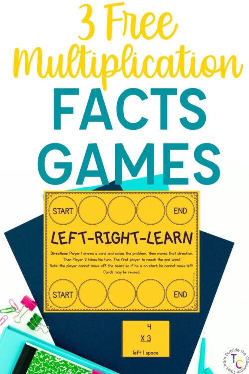 3 Free Multiplication Facts Games text and printable Left Right Learn game set up ready to play