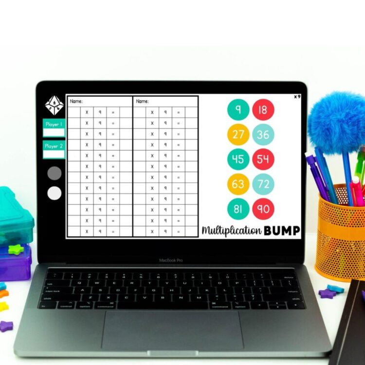 Multi-colored multiplication bump digital board game with recording sheet, counters, and digital dice all on a laptop screen on a desk
