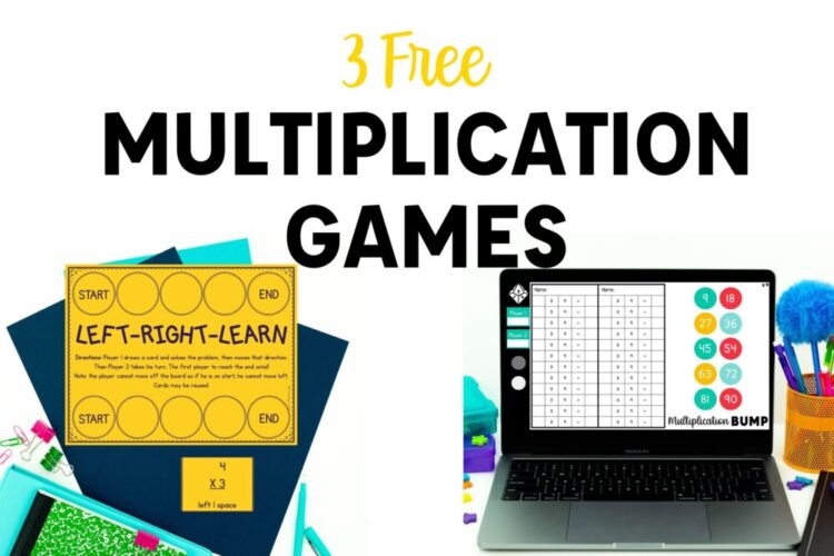 3 Free Multiplication Games text and Left Right Learn printable game with school supplies next to Multiplication Bump on computer screen