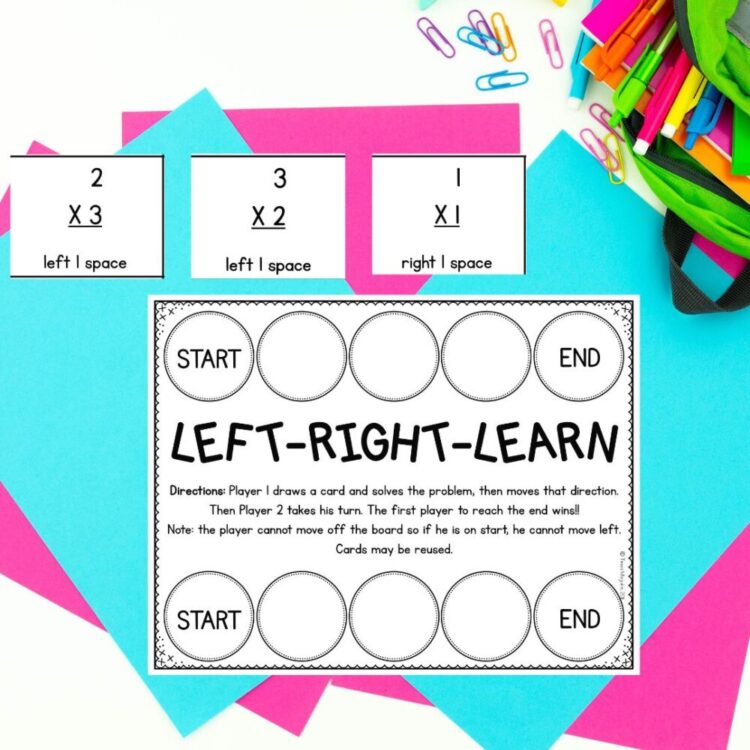 Multiplication facts game "Left Right Learn" game board and 3 playing cards laid out with various school supplies and a backpack