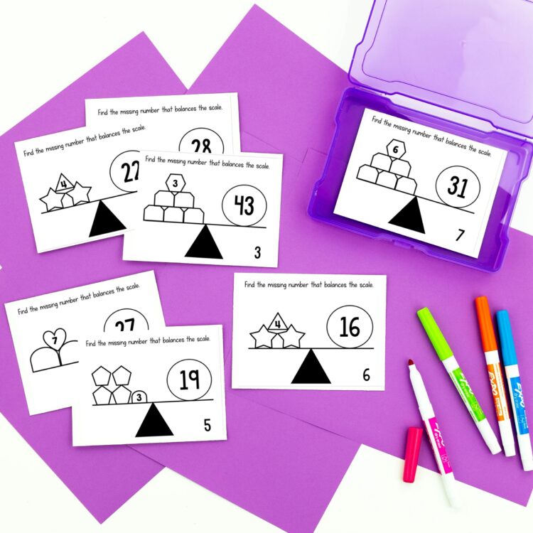 Two Step Linear Equations Task Cards with math balances