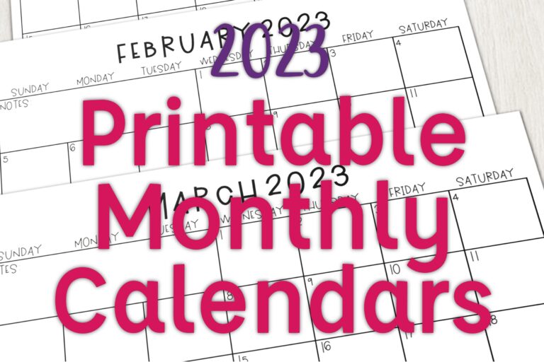 "2023 printable monthly calendars" text with 2023 calendars image behind it